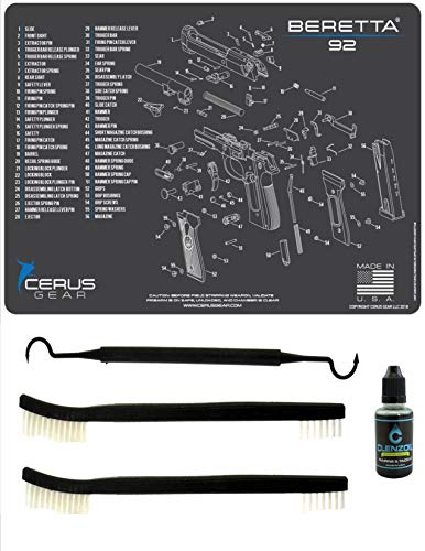 EDOG Beretta 92 5 PC Cerus Gear Schematic (Exploded View) Heavy Duty Pistol Cleaning 12x17 Padded Gun-Work Surface Protector Mat Solvent & Oil Resistant & 3 PC Cleaning Essentials & Clenzoil