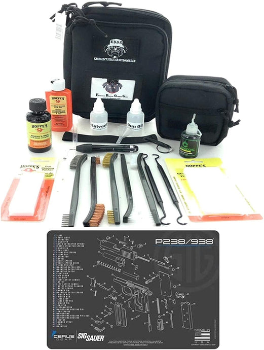 RangeMaster Elite EDC Bag Gun Cleaning Kit- Compatible for Sig Sauer P238 - Schematic Mat (Exploded View) with Hoppes Gun Oil No.9 Solvent & Patches Clenzoil CLP 10 Pc Cleaning Accessories Set