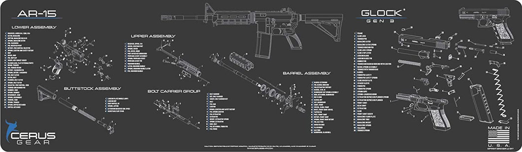 AR-15 & Glock Gen34 Gun Cleaning Mat (Exploded View)  XXL 14X48 Padded Gun-Work Surface Protection Mat Solvent & Oil Resistant