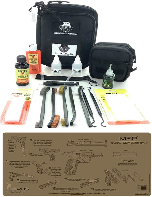 RangeMaster Elite EDC Bag Gun Cleaning Kit- Compatible for S&W M&P - Tan Instructional Step by Step Mat with Hoppes Gun Oil No.9 Solvent & Patch Clenzoil CLP 10 Pc Cleaning Accessories Set