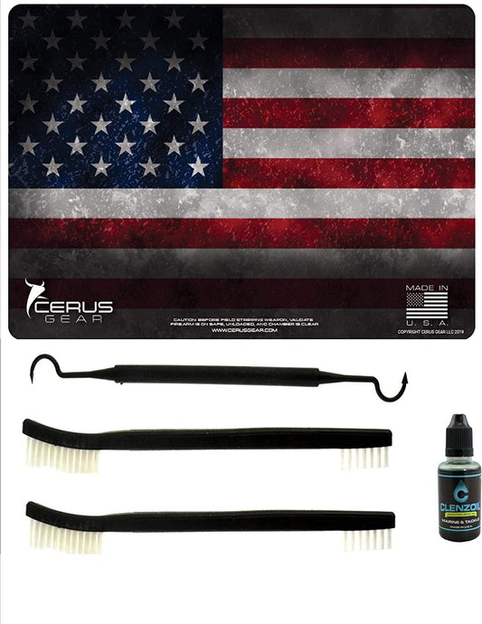 EDOG U.S. Flag 5 PC Cerus Gear American Heavy Duty Pistol Cleaning 12x17 Padded Gun-Work Surface Protector Mat Solvent & Oil Resistant & 3 PC Cleaning Essentials & Clenzoil, Made in The USA