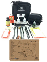 Load image into Gallery viewer, RangeMaster Elite EDC Bag Gun Cleaning Kit- Compatible for Glock Gen3 - Schematic Mat (Exploded View) with Hoppes Gun Oil No.9 Solvent &amp; Patches Clenzoil CLP 10 Pc Cleaning Accessories Set - Tan