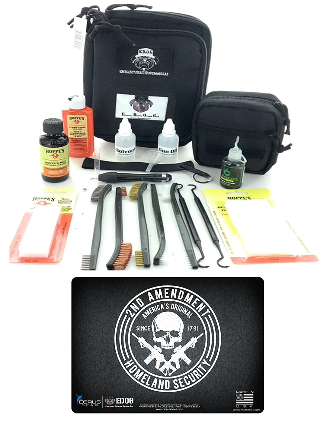 RangeMaster Elite EDC Bag Gun Cleaning Kit- 2nd Ammendment Honor & Pride Pistol ProMat, with Hoppes Gun Oil No.9 Solvent & Patches Clenzoil CLP 10 Pc Cleaning Accessories Set