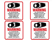 Load image into Gallery viewer, 4 Security Camera Video Surveillance System Decal Stickers 4&quot; x 4&quot; CCTV Warning Sticker Decals Commercial Grade Scratch &amp; Fade Resistant – Inside Mounting to Your Glass Windows &amp; Doors