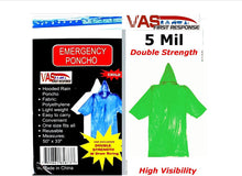 Load image into Gallery viewer, VAS First Response Rain Poncho | 4 Pack | 5 Mil Double Strength Hood | 3mil | Adult &amp; Child Sizes