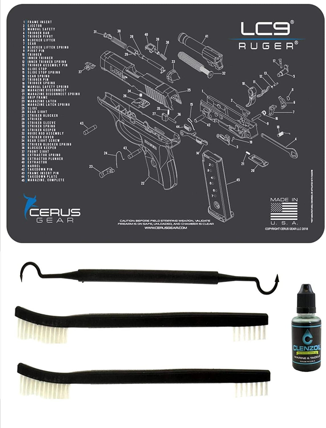 EDOG Ruger LC9 5 PC Cerus Gear Schematic (Exploded View) Heavy Duty Pistol Cleaning 12x17 Padded Gun-Work Surface Protector Mat Solvent & Oil Resistant & 3 PC Cleaning Essentials & Clenzoil