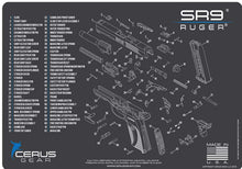 Load image into Gallery viewer, Ruger SR9 Cerus Gear Schematic (Exploded View) Heavy Duty Pistol Cleaning 12x17 Padded Gun-Work Surface Protector Mat Solvent &amp; Oil Resistant