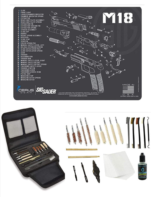 EDOG Gunslinger 20 PC Gun Cleaning Kit - Pistol Mat Compatible with Sig Sauer M18 - Schematic (Exploded View) Mat, Gunslinger Universal .22 .38 .357 9mm .40 & .45 Caliber Kit
