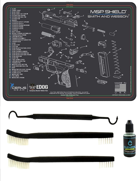 EDOG USA Compatible for Smith & Wesso M&P Shield - 5 PC Schematic (Exploded View) Pistol Cleaning Padded Gun-Work Surface Protector Mat Solvent & Oil Resistant & 3 PC Cleaning Essentials & Clenzoil