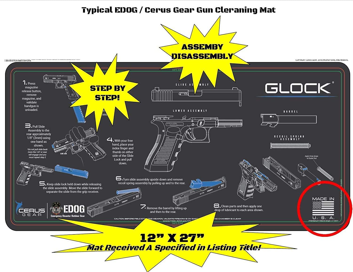 EDOG Gun Cleaning Mat For Glock Gen5 - Schematic Diagram 12x17 Inch Oil Resistant Pad