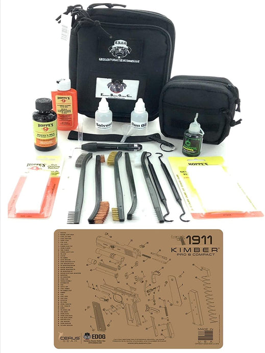 RangeMaster Elite EDC Bag Gun Cleaning Kit- Compatible for Kimber 1911 Compact & Pro - Tan - Schematic Mat (Exploded View) with Hoppes Gun Oil No.9 Solvent & Patches Clenzoil CLP & 10PC Accessories