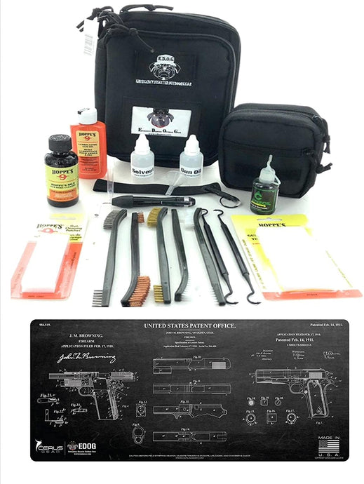 RangeMaster Elite EDC Bag Gun Cleaning Kit- Compatible for Browning Collectors Original 1911 Patent - Mat with Hoppes Gun Oil No.9 Solvent & Patches Clenzoil CLP 10 Pc Cleaning Accessories Set