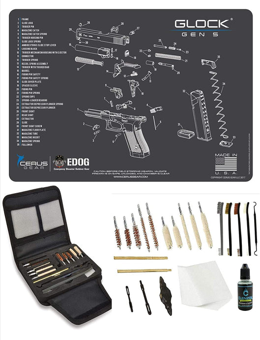EDOG Gunslinger 20 PC Gun Cleaning Kit - Pistol Mat Compatible with Gen5 - Schematic (Exploded View) Mat, Gunslinger Universal .22 .38 .357 9mm .40 & .45 Caliber Kit