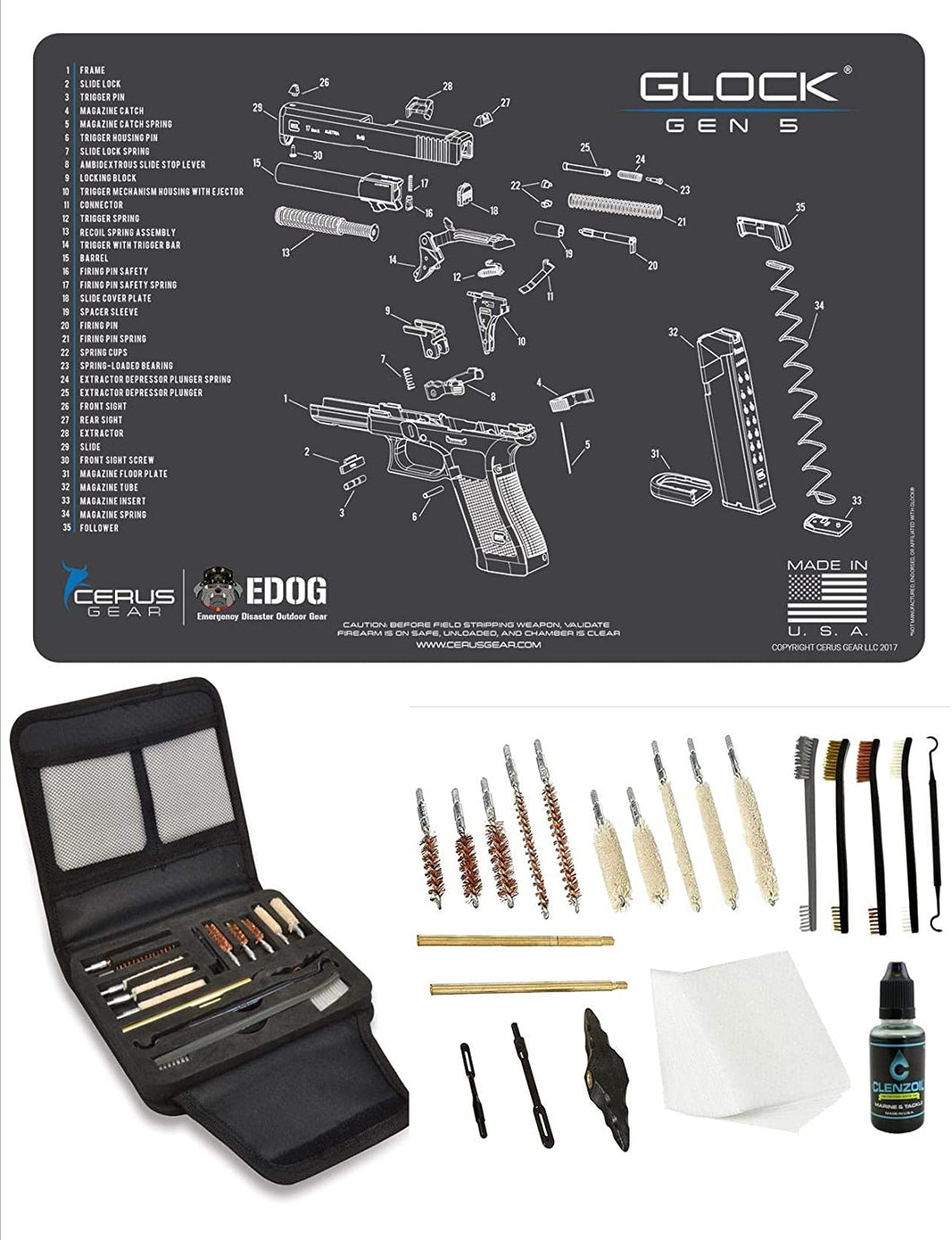 EDOG Gunslinger 20 PC Gun Cleaning Kit - Pistol Mat Compatible with Gen5 - Schematic (Exploded View) Mat, Gunslinger Universal .22 .38 .357 9mm .40 & .45 Caliber Kit