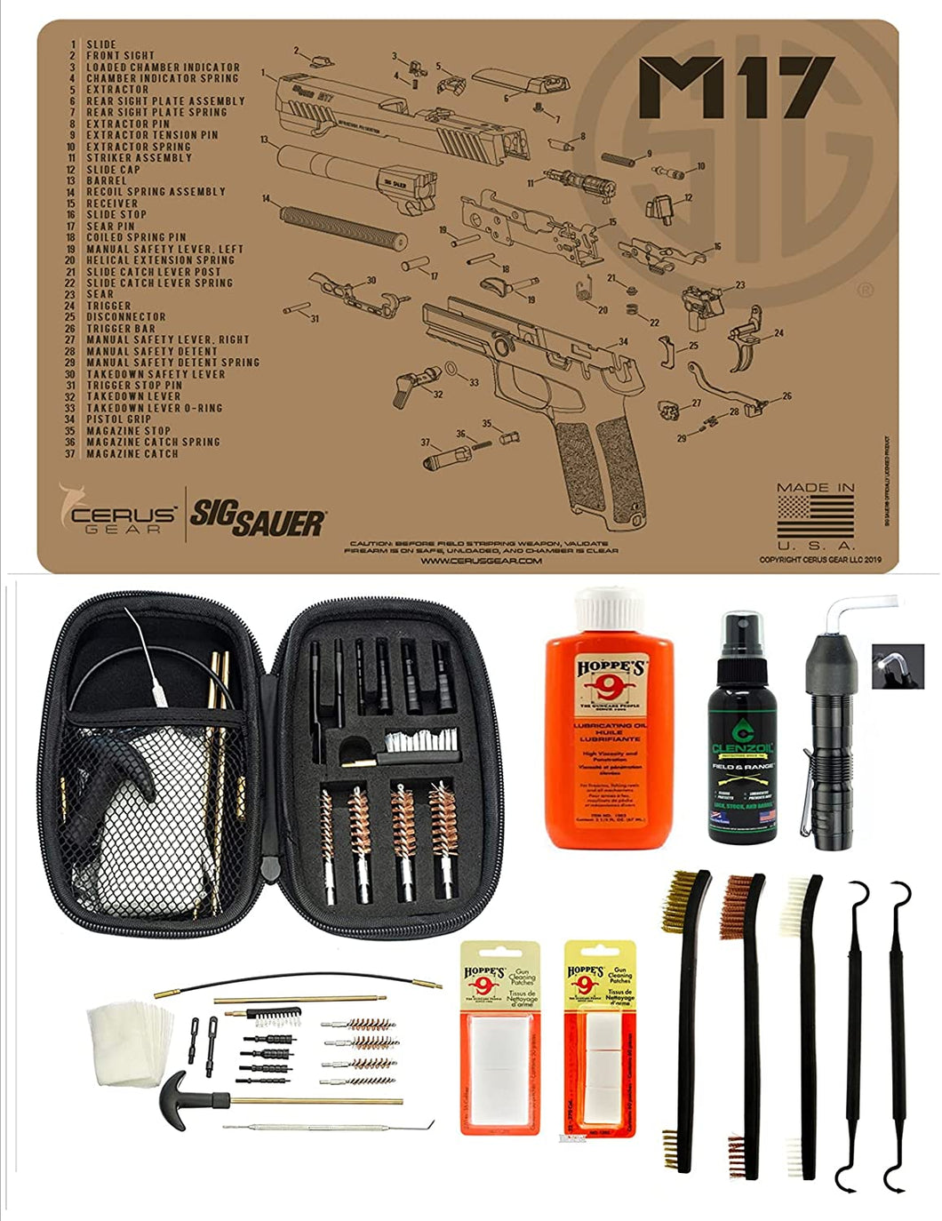EDOG USA BANDIT 29 Pc Pistol Cleaning System - Compatible with Sig Sauer M17 Tan Flat Dark Earth - Schematic (Exploded View) Mat, Warrior Universal .22 9mm - .45 Kit & Clenzoil CLP & Hoppes Gun Oil & Patchs