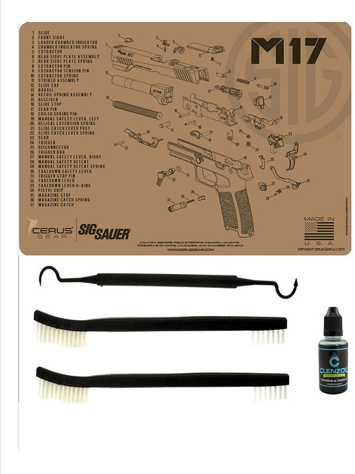 EDOG SIG M17 TAN 5 PC Cerus Gear Schematic (Exploded View) Heavy Duty Pistol Cleaning 12x17 Padded Gun-Work Surface Protector Mat Solvent & Oil Resistant & 3 PC Cleaning Essentials & Clenzoil