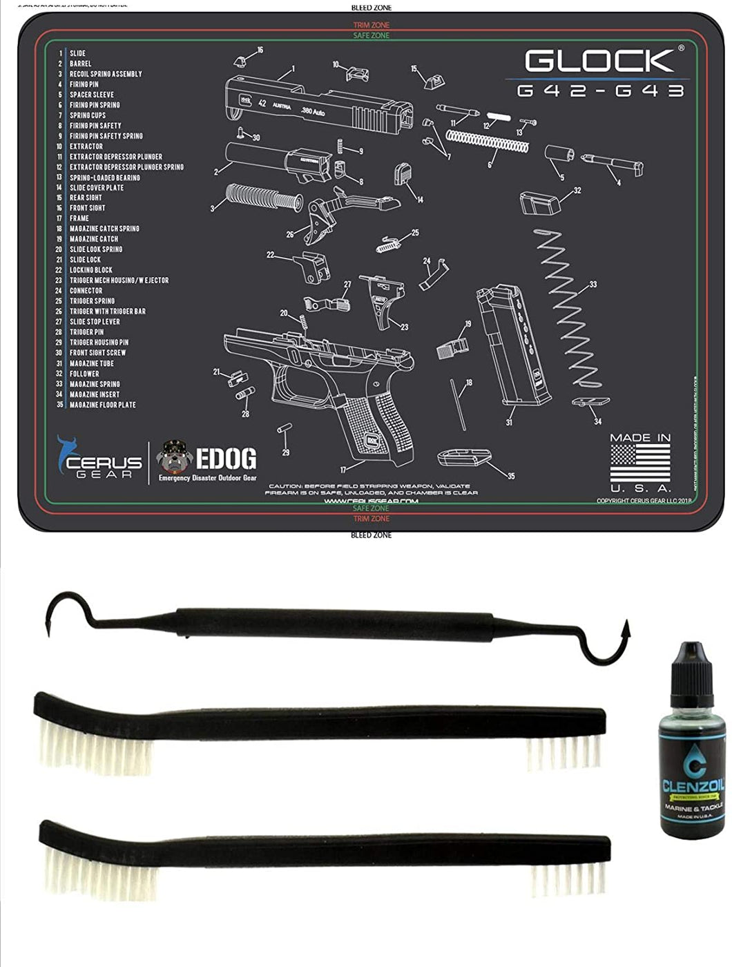 EDOG Glock 42/43 5 PC Cerus Gear Schematic (Exploded View) Heavy Duty Pistol Cleaning 12x17 Padded Gun-Work Surface Protector Mat Solvent & Oil Resistant & 3 PC Cleaning Essentials & Clenzoil