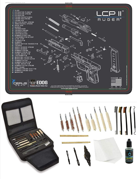 EDOG Gunslinger 20 PC Gun Cleaning Kit - Pistol Mat Compatible with Ruger LCP II - Schematic (Exploded View) Mat, Gunslinger Universal .22 .38 .357 9mm .40 & .45 Caliber Kit
