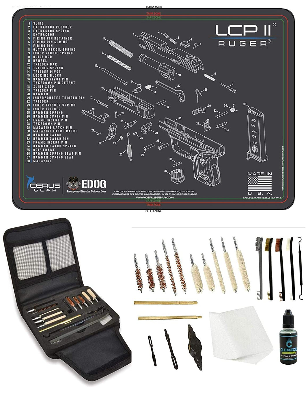 EDOG Gunslinger 20 PC Gun Cleaning Kit - Pistol Mat Compatible with Ruger LCP II - Schematic (Exploded View) Mat, Gunslinger Universal .22 .38 .357 9mm .40 & .45 Caliber Kit
