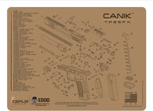 Load image into Gallery viewer, RangeMaster Elite EDC Bag Gun Cleaning Kit- Compatible for Canik TP9 - Tan - Schematic Mat (Exploded View) with Hoppes Gun Oil No.9 Solvent &amp; Patches Clenzoil CLP 10 Pc Cleaning Accessories Set