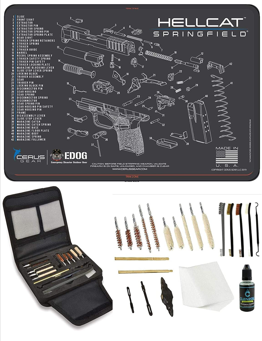 EDOG Gunslinger 20 PC Gun Cleaning Kit - Pistol Mat Compatible with Springfield Armory Hellcat - Schematic (Exploded View) Mat, Gunslinger Universal .22 .38 .357 9mm .40 & .45 Caliber Kit