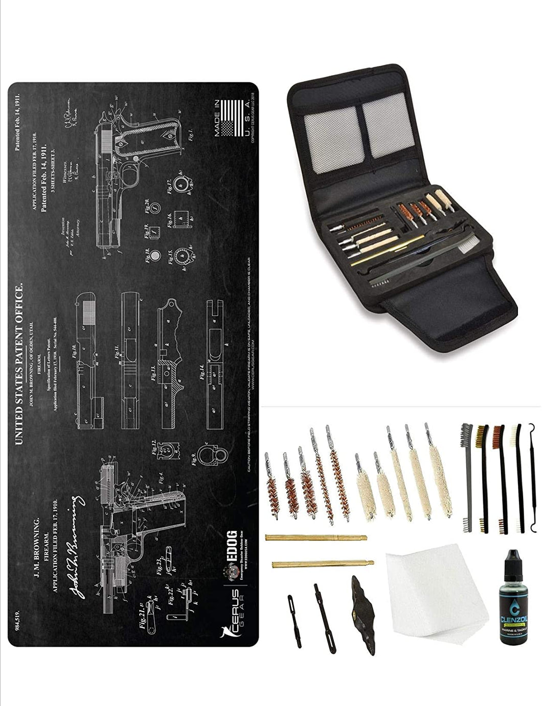 EDOG Gunslinger 20 PC Gun Cleaning Kit - Pistol Mat Compatible with Browning Original 1911 Patent - Schematic (Exploded View) Mat, Gunslinger Universal .22 .38 .357 9mm .40 & .45 Caliber Kit