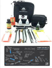 Load image into Gallery viewer, RangeMaster Elite EDC Bag Gun Cleaning Kit- Compatible for S&amp;W M&amp;P Shield - Instructional Step by Step Mat with Hoppes Gun Oil No.9 Solvent &amp; Patches Clenzoil CLP 10 Pc Cleaning Accessories Set