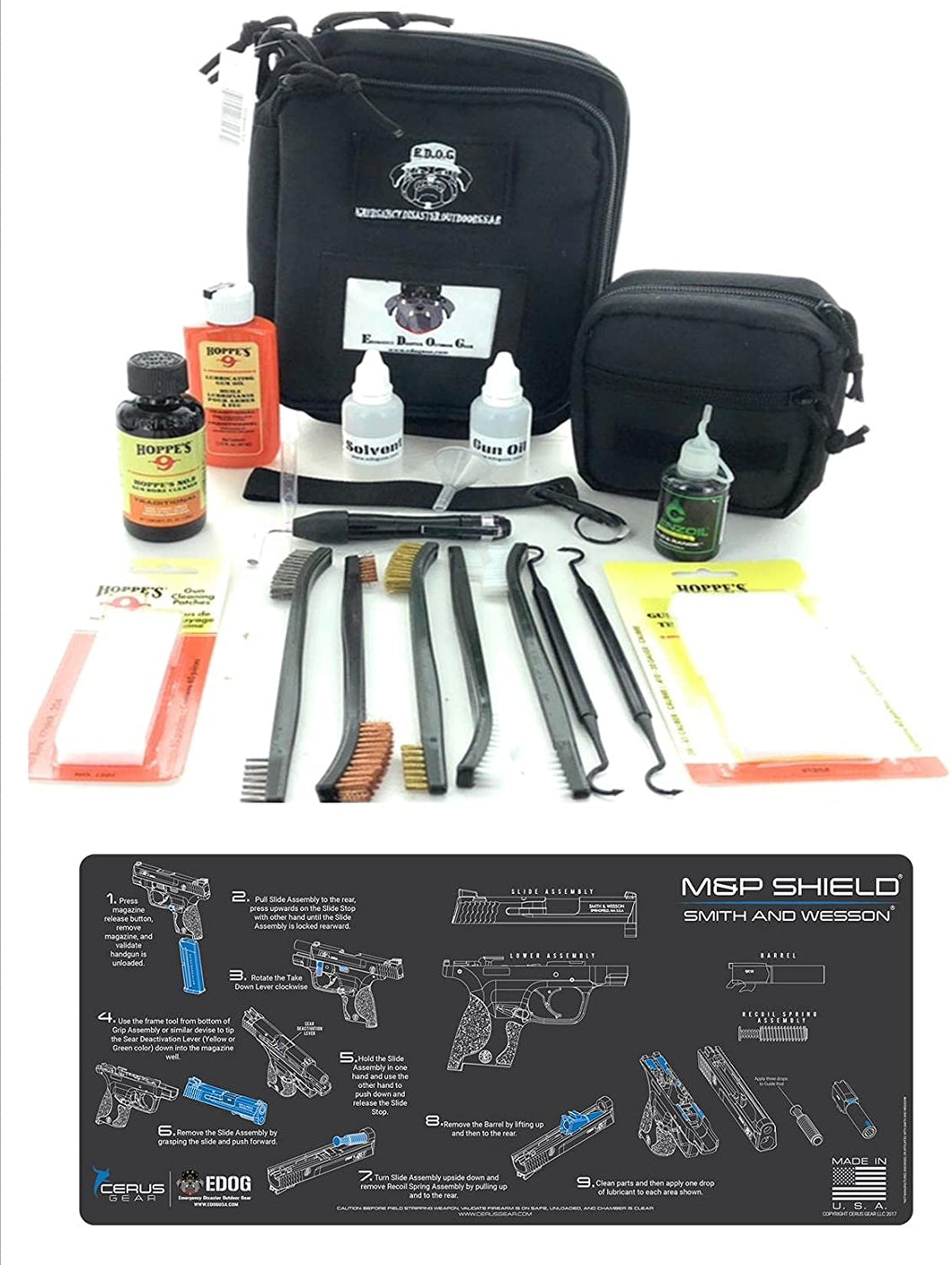 RangeMaster Elite EDC Bag Gun Cleaning Kit- Compatible for S&W M&P Shield - Instructional Step by Step Mat with Hoppes Gun Oil No.9 Solvent & Patches Clenzoil CLP 10 Pc Cleaning Accessories Set