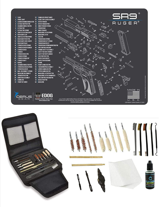 EDOG Gunslinger 20 PC Gun Cleaning Kit - Pistol Mat Compatible with Ruger SR9 - Schematic (Exploded View) Mat, Gunslinger Universal .22 .38 .357 9mm .40 & .45 Caliber Kit