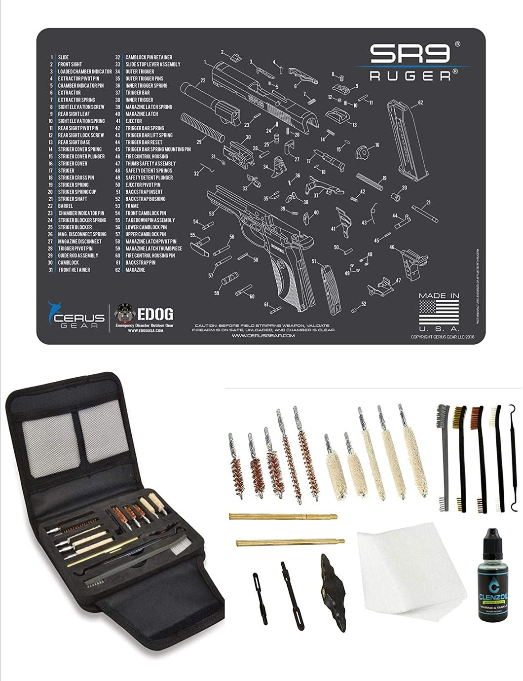 EDOG Gunslinger 20 PC Gun Cleaning Kit - Pistol Mat Compatible with Ruger SR9 - Schematic (Exploded View) Mat, Gunslinger Universal .22 .38 .357 9mm .40 & .45 Caliber Kit
