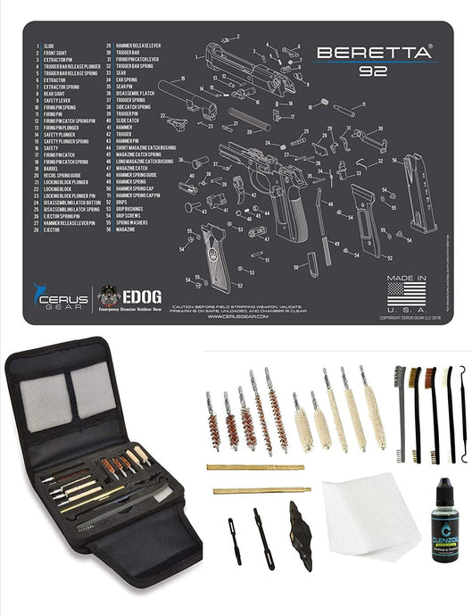 EDOG Gunslinger 20 PC Gun Cleaning Kit - Pistol Mat Compatible with Beretta 92 - Schematic (Exploded View) Mat, Gunslinger Universal .22 .38 .357 9mm .40 & .45 Caliber Kit