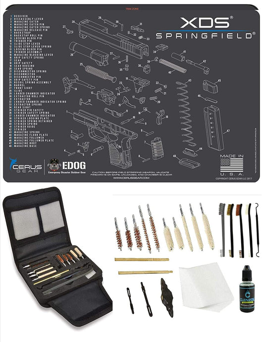 EDOG Springfield Armory XDs Promat & 20 Pc Gunslinger Universal Handgun Cleaning Kit | Clenzoil CLP | Brushes | Mops | Patchs | Jags | .22 - .45 Caliber