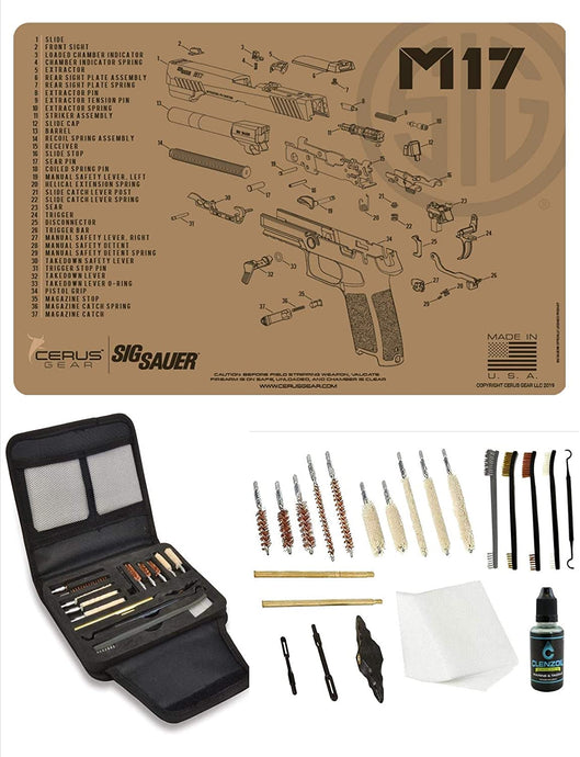 EDOG Gunslinger 20 PC Gun Cleaning Kit - Pistol Mat Compatible with Sig Sauer M17 Tan Flat Dark Earth - Schematic (Exploded View) Mat, Gunslinger Universal .22 .38 .357 9mm .40 & .45 Caliber Kit