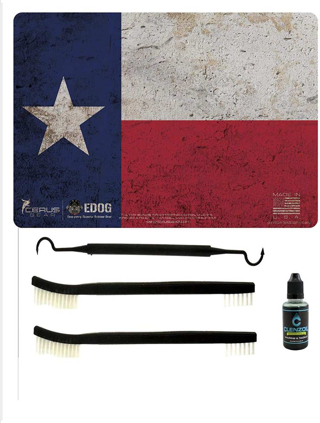 EDOG Texas State Flag 5 PC Cerus Gear Heavy Duty Pistol Cleaning 12x17 Padded Gun-Work Surface Protector Mat Solvent & Oil Resistant & 3 PC Cleaning Essentials & Clenzoil, Made in The USA