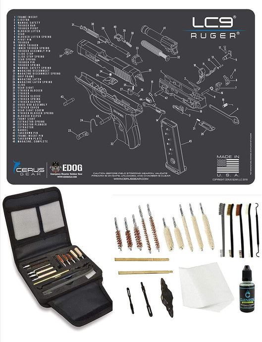 EDOG Gunslinger 20 PC Gun Cleaning Kit - Pistol Mat Compatible with Ruger LC9 - Schematic (Exploded View) Mat, Gunslinger Universal .22 .38 .357 9mm .40 & .45 Caliber Kit