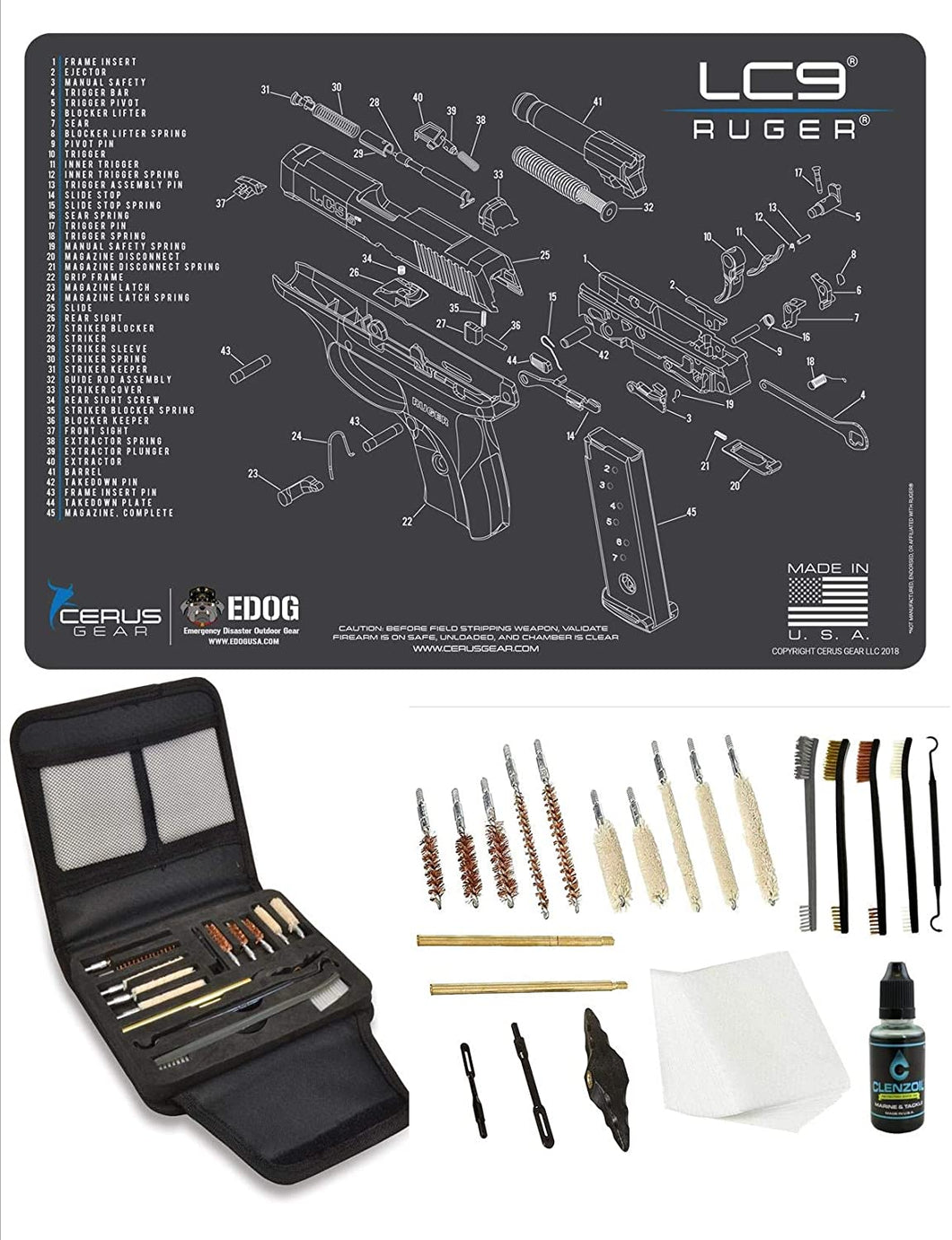 EDOG Gunslinger 20 PC Gun Cleaning Kit - Pistol Mat Compatible with Ruger LC9 - Schematic (Exploded View) Mat, Gunslinger Universal .22 .38 .357 9mm .40 & .45 Caliber Kit