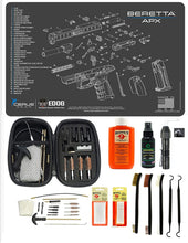 Load image into Gallery viewer, EDOG USA BANDIT 29 Pc Pistol Cleaning System - Compatible with Beretta APX - Schematic (Exploded View) Mat, Range Warrior Universal .22 9mm - .45 Kit &amp; Clenzoil CLP &amp; Hoppes Gun Oil &amp; Patchs
