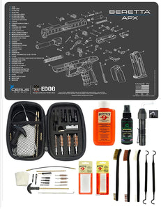 EDOG USA BANDIT 29 Pc Pistol Cleaning System - Compatible with Beretta APX - Schematic (Exploded View) Mat, Range Warrior Universal .22 9mm - .45 Kit & Clenzoil CLP & Hoppes Gun Oil & Patchs