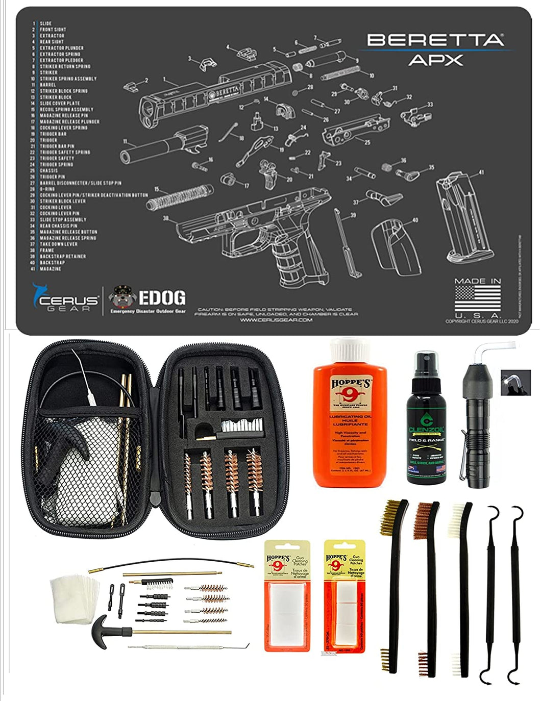 EDOG USA BANDIT 29 Pc Pistol Cleaning System - Compatible with Beretta APX - Schematic (Exploded View) Mat, Range Warrior Universal .22 9mm - .45 Kit & Clenzoil CLP & Hoppes Gun Oil & Patchs
