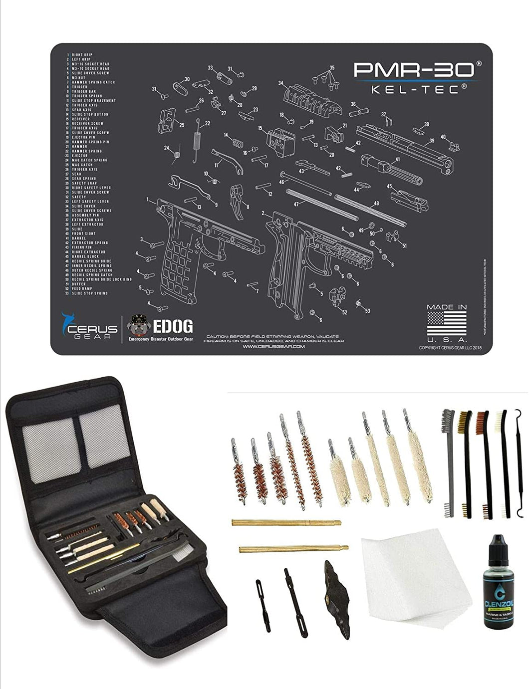 EDOG Gunslinger 20 PC Gun Cleaning Kit - Pistol Mat Compatible with Keltec PMR-30 - Schematic (Exploded View) Mat, Gunslinger Universal .22 .38 .357 9mm .40 & .45 Caliber Kit