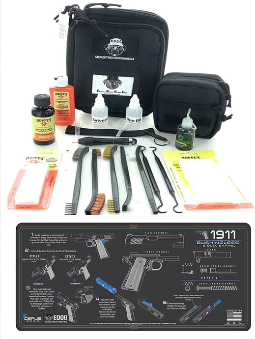 RangeMaster Elite EDC Bag Gun Cleaning Kit- Compatible for 1911 Bushingless - Instructional Step by Step Mat with Hoppes Gun Oil No.9 Solvent & Patchs Clenzoil CLP 10 Pc Cleaning Accessories Set