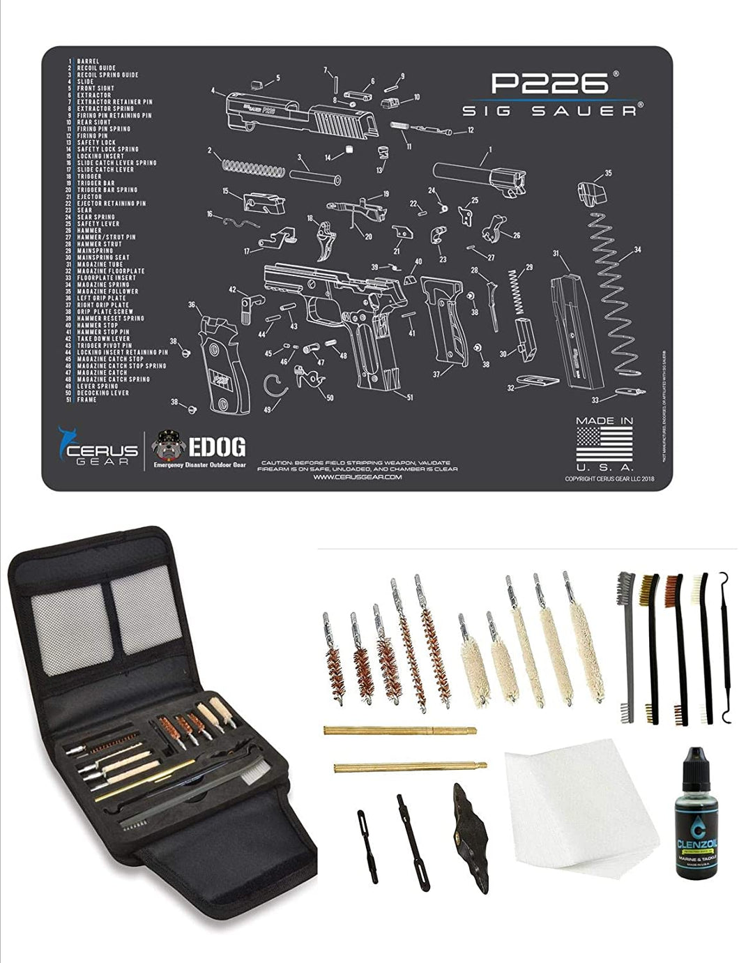 EDOG Gunslinger 20 PC Gun Cleaning Kit - Pistol Mat Compatible with Sig P226 - Schematic (Exploded View) Mat, Gunslinger Universal .22 .38 .357 9mm .40 & .45 Caliber Kit
