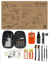 Load image into Gallery viewer, EDOG USA BANDIT 29 Pc Pistol Cleaning System - Compatible with S&amp;W M&amp;P Shield - Tan - Schematic (Exploded View) Mat, Range Warrior Universal .22 9mm - .45 Kit &amp; Clenzoil CLP &amp; Hoppes Gun Oil &amp; Patchs