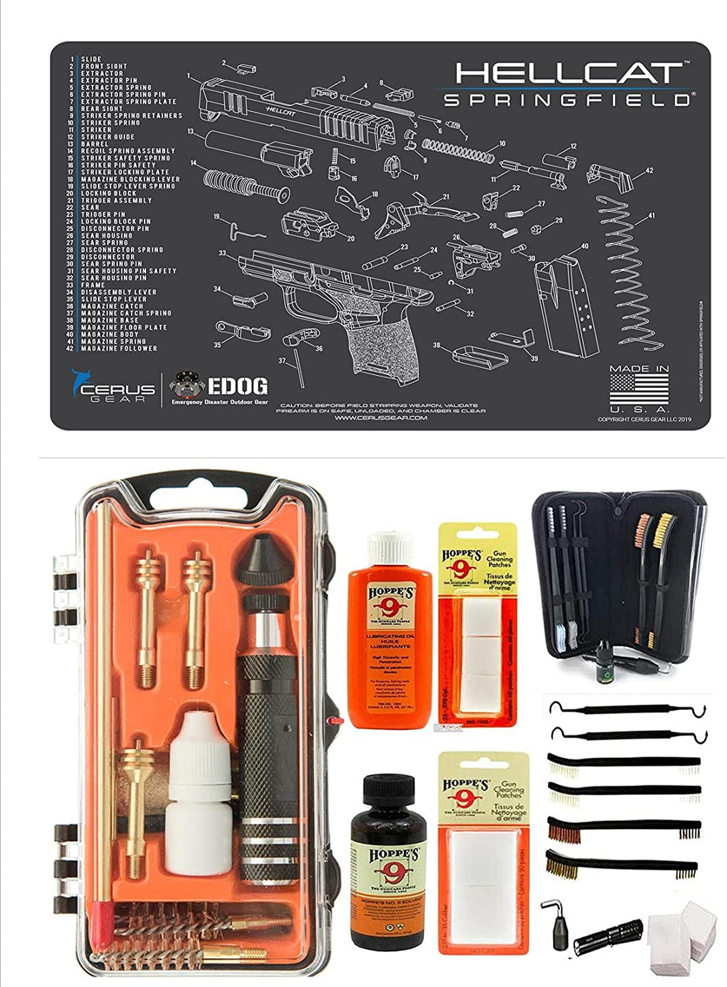 EDOG USA Outlaw 28 Pc Pistol Cleaning Kit - Compatible for Springfield Armory Hellcat - Schematic (Exploded View) Mat, Calibers 9MM to .45 & Tac Pak Pistol Cleaning Essentials Kit