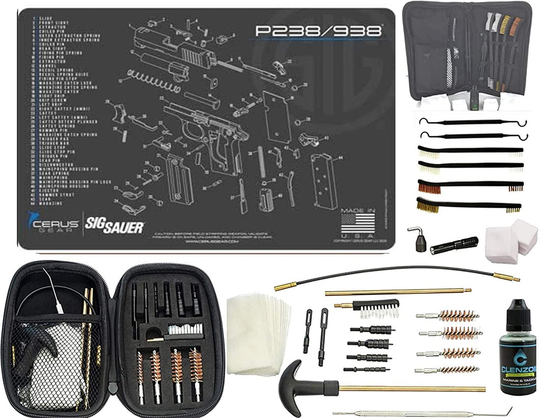 EDOG Premier 30 Pc Gun Cleaning System - Compatible with Sig Sauer P238 - Schematic (Exploded View) Mat, Range Warrior Universal .22 9mm - .45 Kit & Tac Book Accessories Set