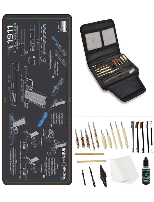 EDOG Gunslinger 20 PC Gun Cleaning Kit - Pistol Mat Compatible with 1911 Bushingless - Instructional Step by Step Pistol Mat, Gunslinger Universal .22 .38 .357 9mm .40 & .45 Caliber Kit