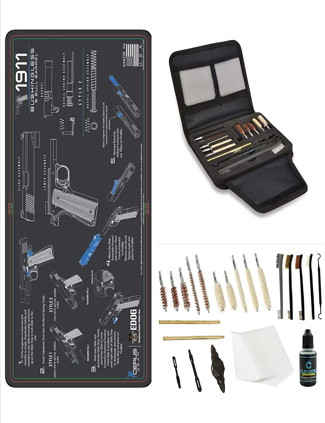 EDOG Gunslinger 20 PC Gun Cleaning Kit - Pistol Mat Compatible with 1911 Bushingless - Instructional Step by Step Pistol Mat, Gunslinger Universal .22 .38 .357 9mm .40 & .45 Caliber Kit