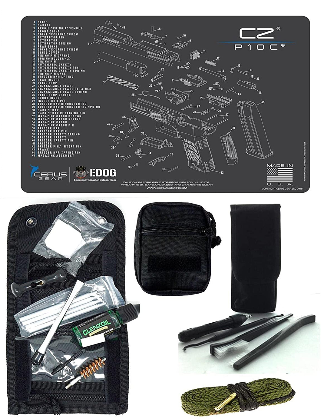 EDOG USA Pistolero 14 Pc 9MM.38 & .357 Pc Gun Cleaning Kit - Compatible for CZ P-10C - Schematic (Exploded View) Mat, Pistolero Caliber Specific 9 MM, 38 & 357