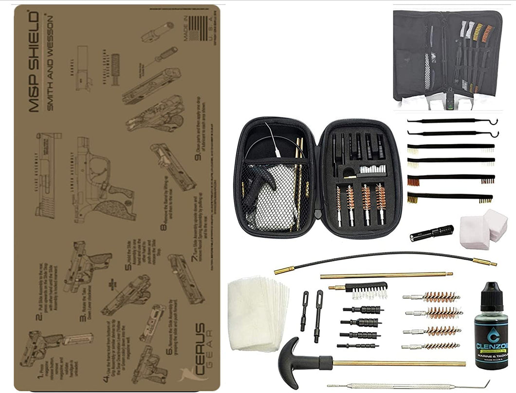 EDOG Premier 30 Pc Gun Cleaning System - Compatible with S&W M&P Shield - Tan - Schematic (Exploded View) Mat, Range Warrior Universal .22 9mm - .45 Kit & Tac Book Accessories Set