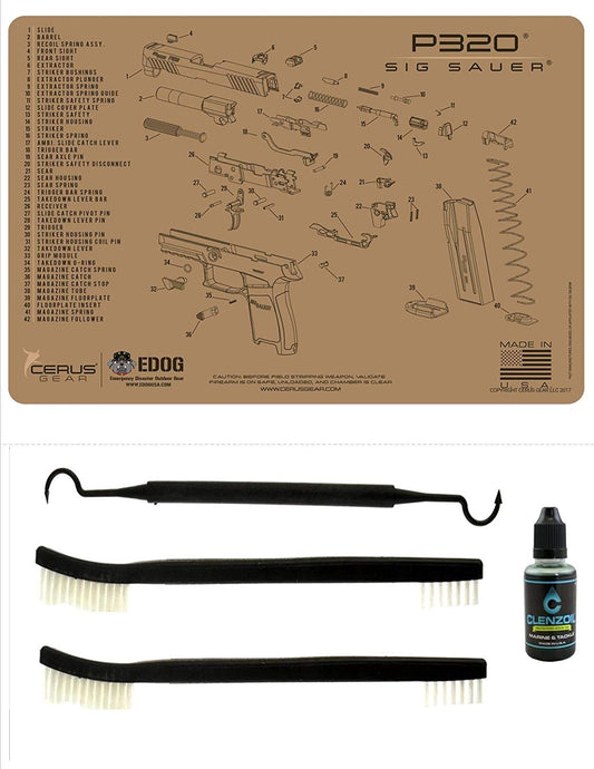 EDOG Sig P320 Tan Flat Dark Earth 5 PC Schematic (Exploded View) Heavy Duty Pistol Cleaning 12x17 Padded Gun-Work Surface Protector Mat Solvent & Oil Resistant & 3 PC Cleaning Essentials & Clenzoil